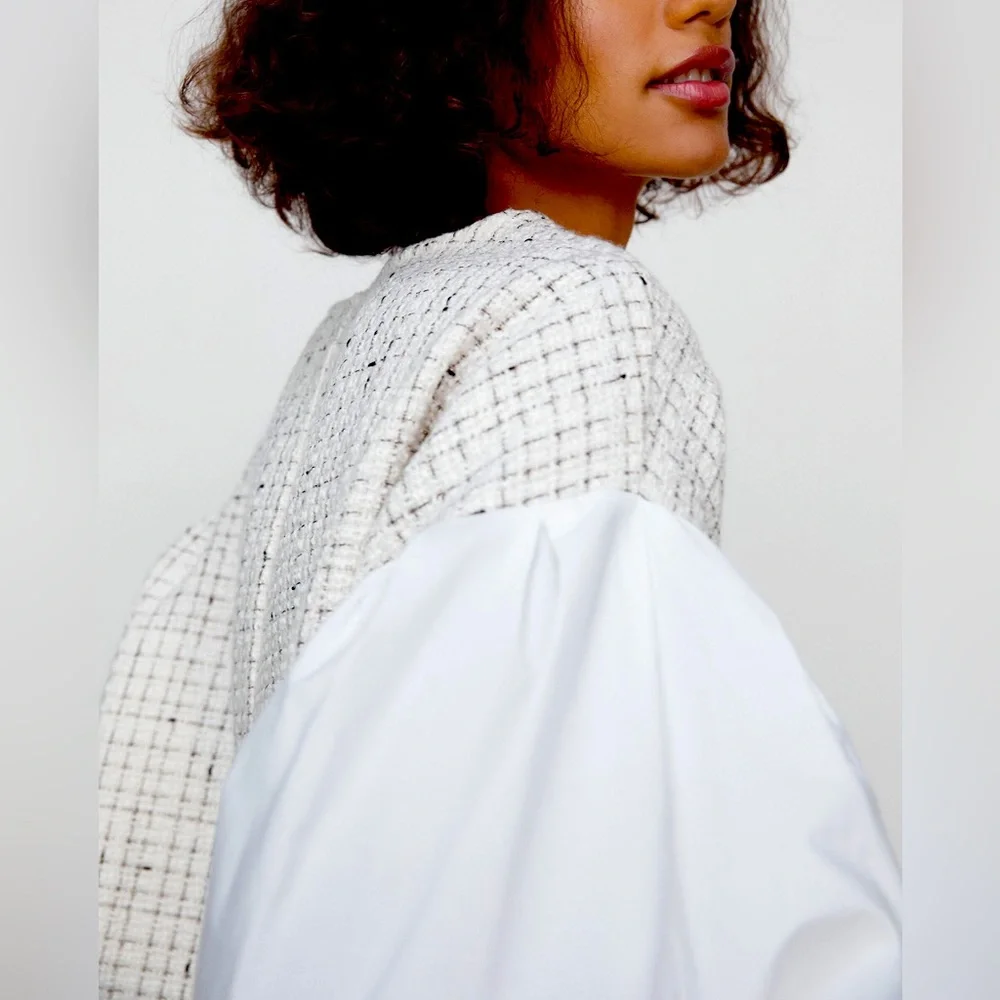 Zara Contrast Textured Tweed and Poplin Top. Size XS